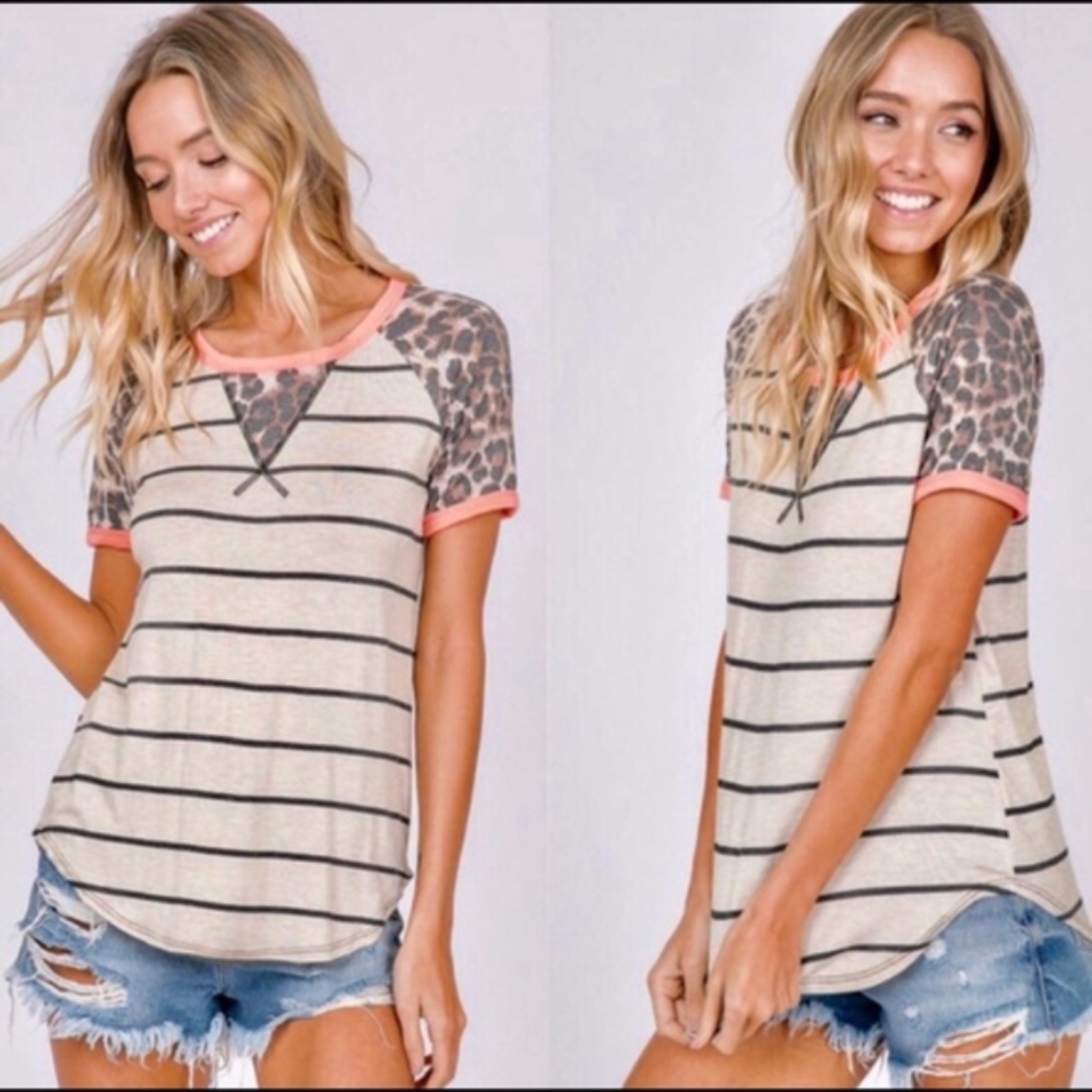 Leopard Print Striped Short Sleeve Top